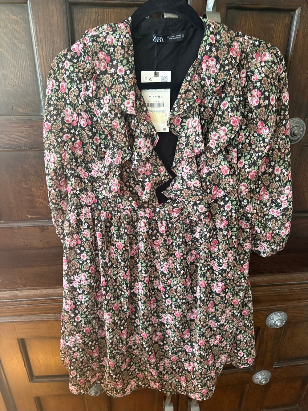 Zara Kids Black Dress with Pink Floral Print and Ruffle V-Neck